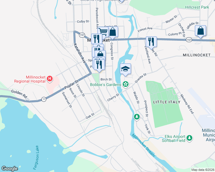 map of restaurants, bars, coffee shops, grocery stores, and more near 63 Aroostook Avenue in Millinocket