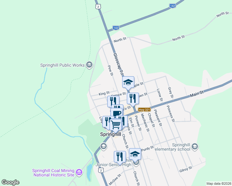 map of restaurants, bars, coffee shops, grocery stores, and more near 33 Spruce Street in Springhill
