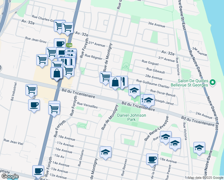 map of restaurants, bars, coffee shops, grocery stores, and more near Rue Georges Vermette in Montréal