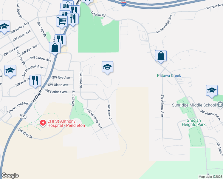map of restaurants, bars, coffee shops, grocery stores, and more near 1412 Southwest 18th Street in Pendleton