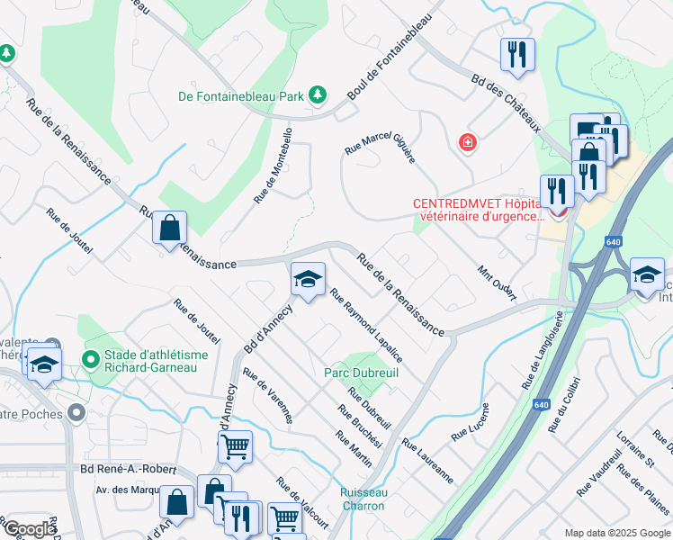 map of restaurants, bars, coffee shops, grocery stores, and more near 25 Rue Jeanne Bonfond in Blainville
