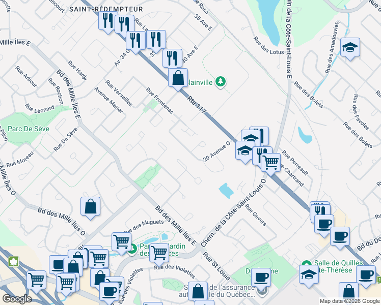 map of restaurants, bars, coffee shops, grocery stores, and more near Avenue 20 Ouest in Blainville
