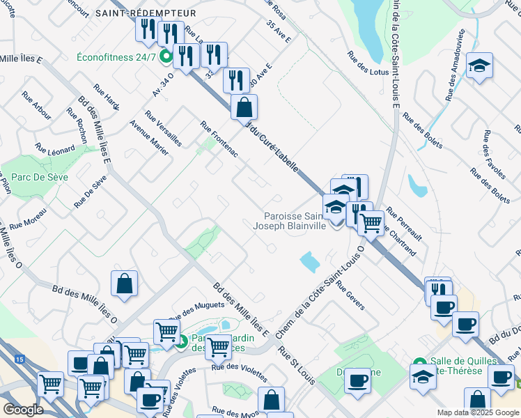map of restaurants, bars, coffee shops, grocery stores, and more near 24 20e avenue ouest in Blainville