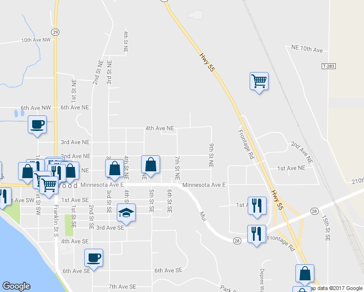 map of restaurants, bars, coffee shops, grocery stores, and more near 206 7th Street Northeast in Glenwood