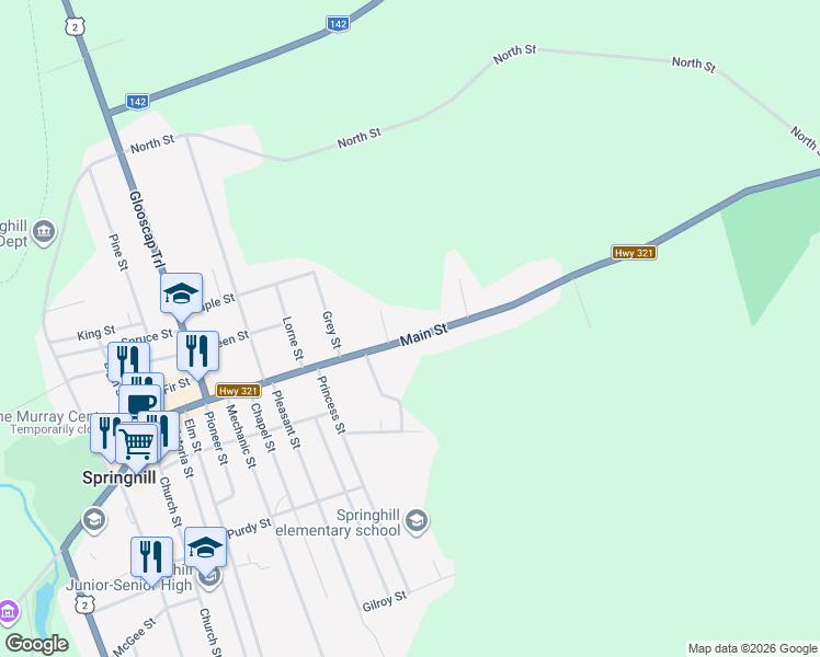 map of restaurants, bars, coffee shops, grocery stores, and more near 156 Highway 321 in Springhill