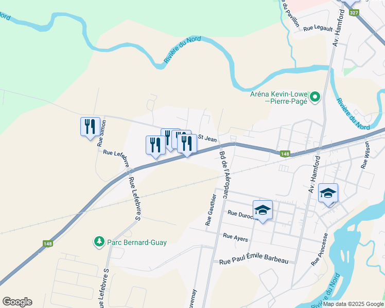map of restaurants, bars, coffee shops, grocery stores, and more near 54 Rue Principale in Lachute