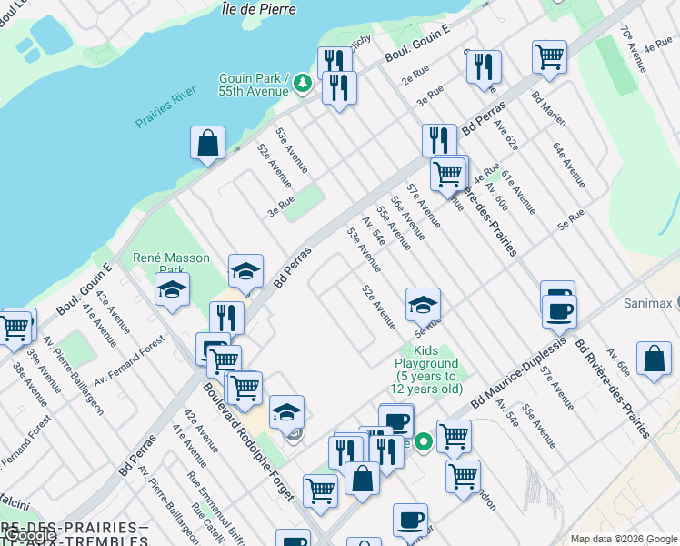 map of restaurants, bars, coffee shops, grocery stores, and more near 9300 Avenue Louis Lumière in Montréal