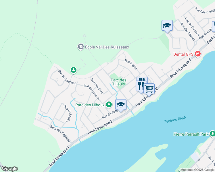 map of restaurants, bars, coffee shops, grocery stores, and more near 457 Rue des Bihoreaux in Laval