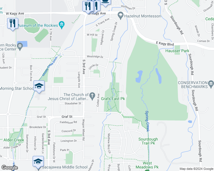 map of restaurants, bars, coffee shops, grocery stores, and more near 2 West Arnold Street in Bozeman