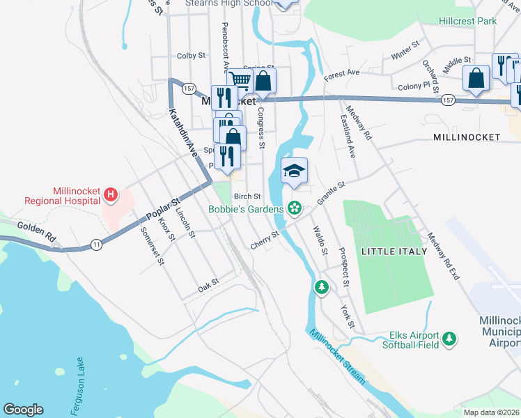 map of restaurants, bars, coffee shops, grocery stores, and more near 63 Aroostook Avenue in Millinocket