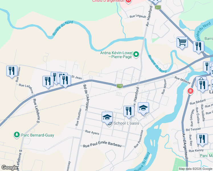 map of restaurants, bars, coffee shops, grocery stores, and more near 121 Rue Principale in Lachute