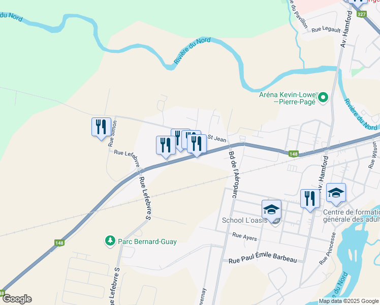 map of restaurants, bars, coffee shops, grocery stores, and more near 49 Rue Principale in Lachute