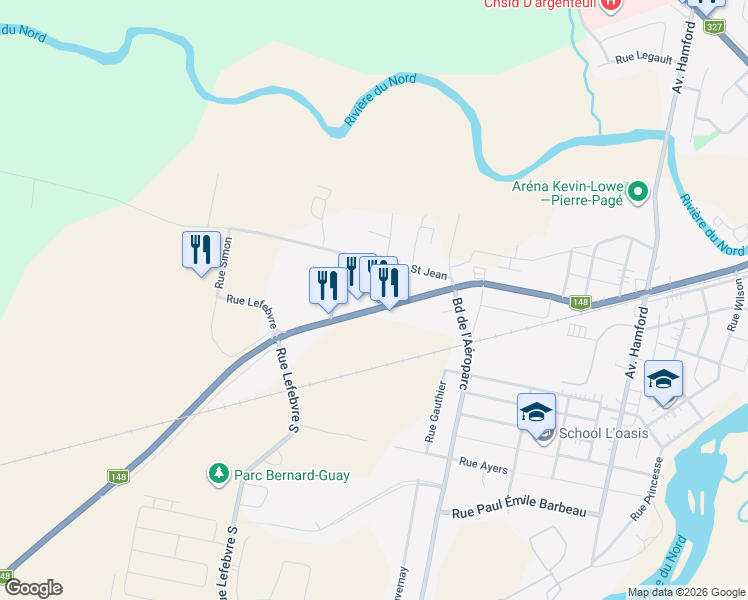 map of restaurants, bars, coffee shops, grocery stores, and more near 54 Rue Principale in Lachute
