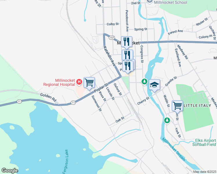 map of restaurants, bars, coffee shops, grocery stores, and more near 93 Lincoln Street in Millinocket