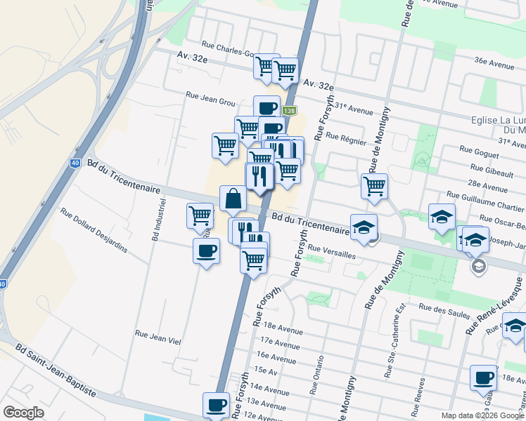 map of restaurants, bars, coffee shops, grocery stores, and more near 1456 Rue Sainte-Catherine Est in Montréal