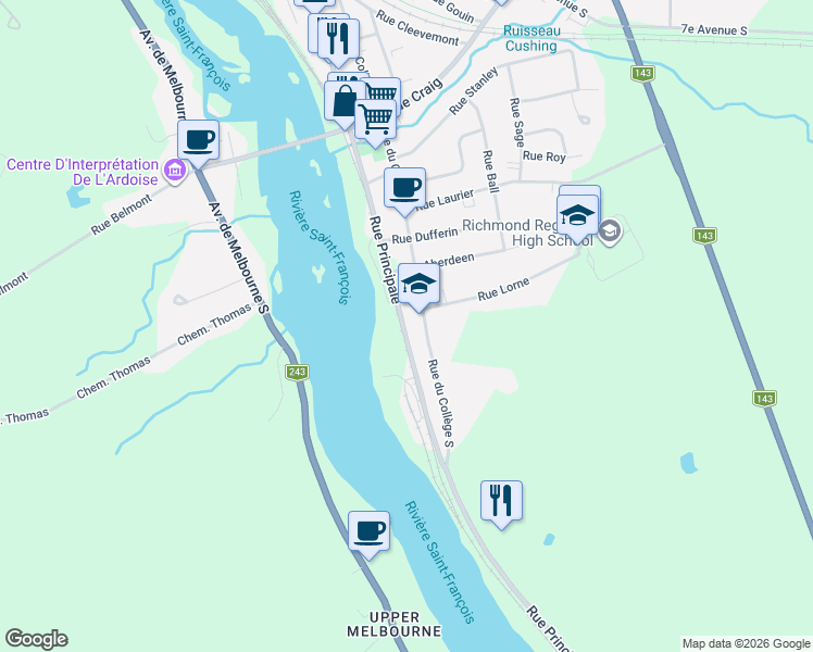 map of restaurants, bars, coffee shops, grocery stores, and more near 421 Rue Principale Sud in Richmond
