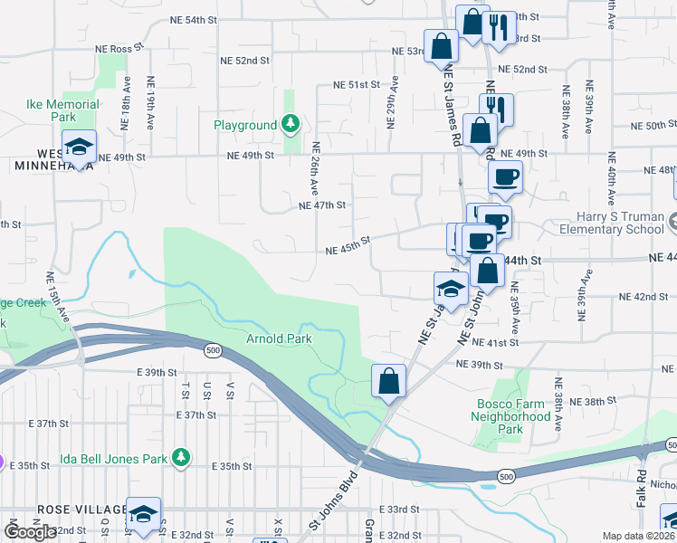 map of restaurants, bars, coffee shops, grocery stores, and more near 2714 Northeast 42nd Circle in Vancouver