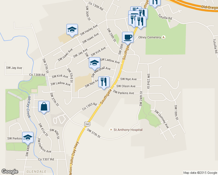 map of restaurants, bars, coffee shops, grocery stores, and more near 3207 Southwest Perkins Avenue in Pendleton
