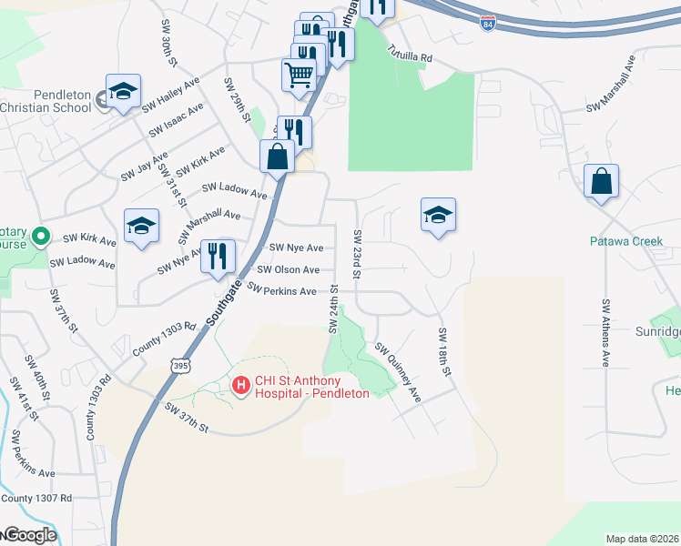 map of restaurants, bars, coffee shops, grocery stores, and more near 2305 Southwest Perkins Avenue in Pendleton