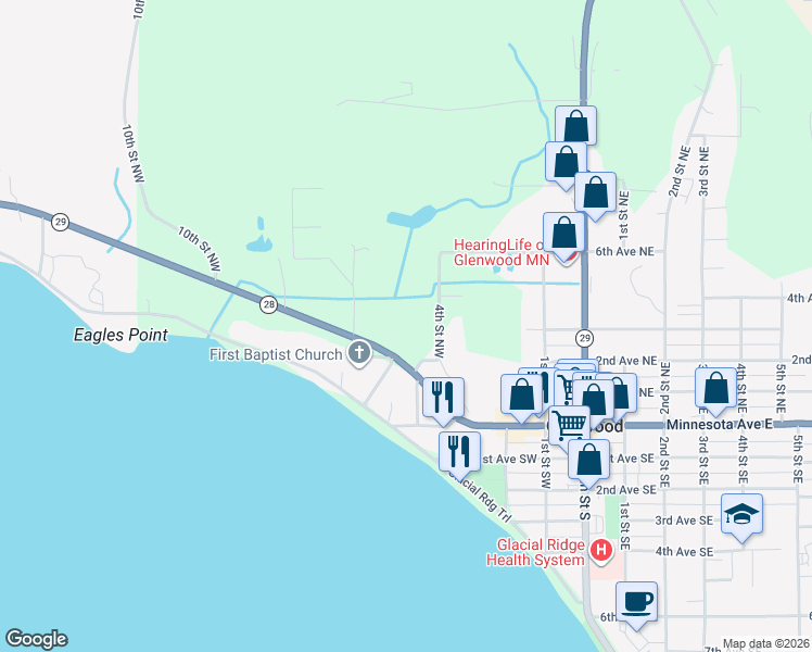 map of restaurants, bars, coffee shops, grocery stores, and more near 215 4th Street Northwest in Glenwood