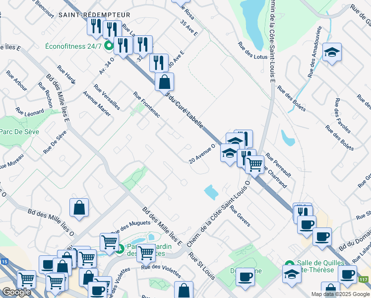 map of restaurants, bars, coffee shops, grocery stores, and more near 20 Rue Champlain in Blainville