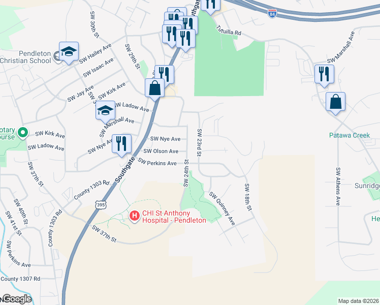 map of restaurants, bars, coffee shops, grocery stores, and more near 2305 Southwest Perkins Avenue in Pendleton