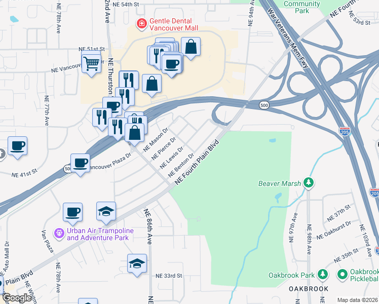map of restaurants, bars, coffee shops, grocery stores, and more near 8823 Northeast Benton Drive in Vancouver