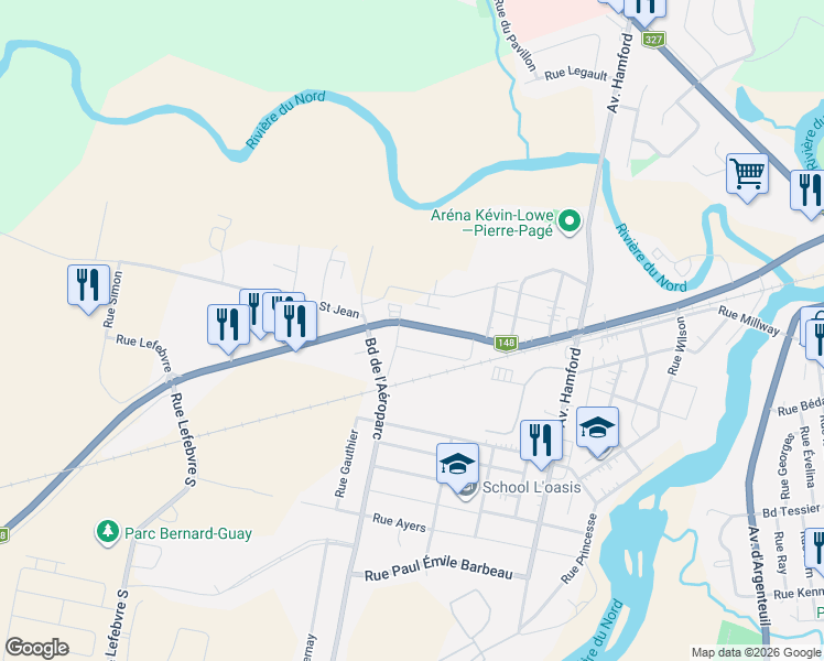 map of restaurants, bars, coffee shops, grocery stores, and more near 92 Rue Principale in Lachute