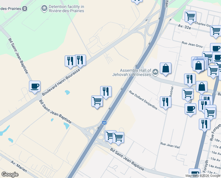 map of restaurants, bars, coffee shops, grocery stores, and more near 12321 Boulevard Métropolitain Est in Montréal