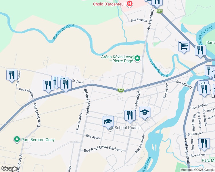 map of restaurants, bars, coffee shops, grocery stores, and more near 121 Rue Principale in Lachute