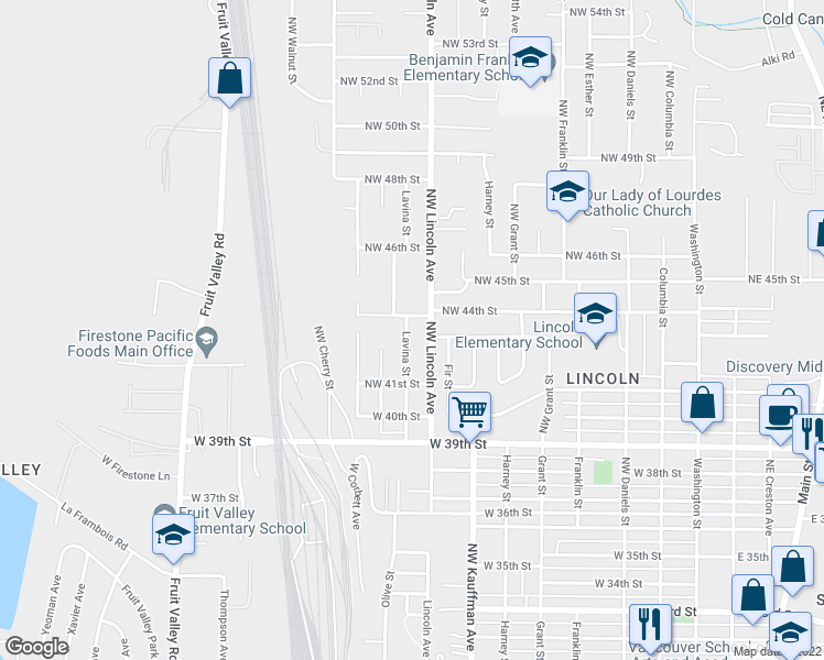 map of restaurants, bars, coffee shops, grocery stores, and more near 4215 Northwest Lavina Street in Vancouver