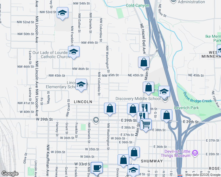 map of restaurants, bars, coffee shops, grocery stores, and more near 4301 Northwest Washington Street in Vancouver