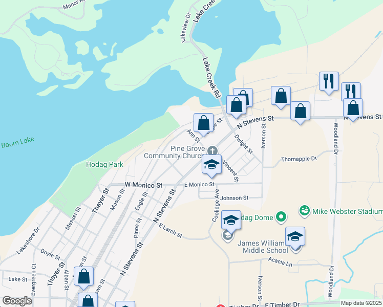 map of restaurants, bars, coffee shops, grocery stores, and more near 1344 North Stevens Street in Rhinelander