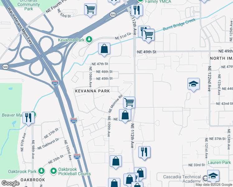 map of restaurants, bars, coffee shops, grocery stores, and more near 4201 Northeast Morrow Road in Vancouver