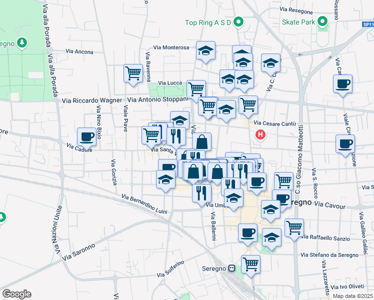 map of restaurants, bars, coffee shops, grocery stores, and more near 5E Piazza Monsignor Luigi Gandini in Seregno