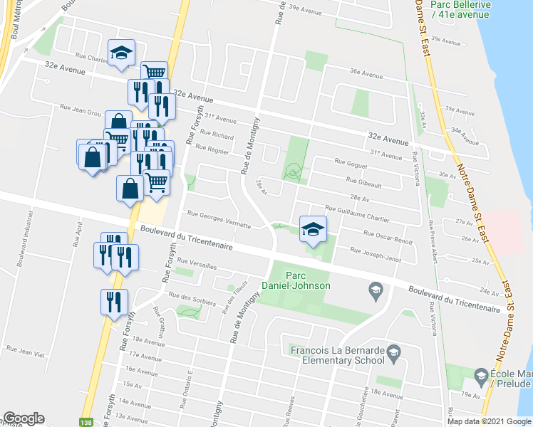 map of restaurants, bars, coffee shops, grocery stores, and more near 12840 Rue de Montigny in Montréal