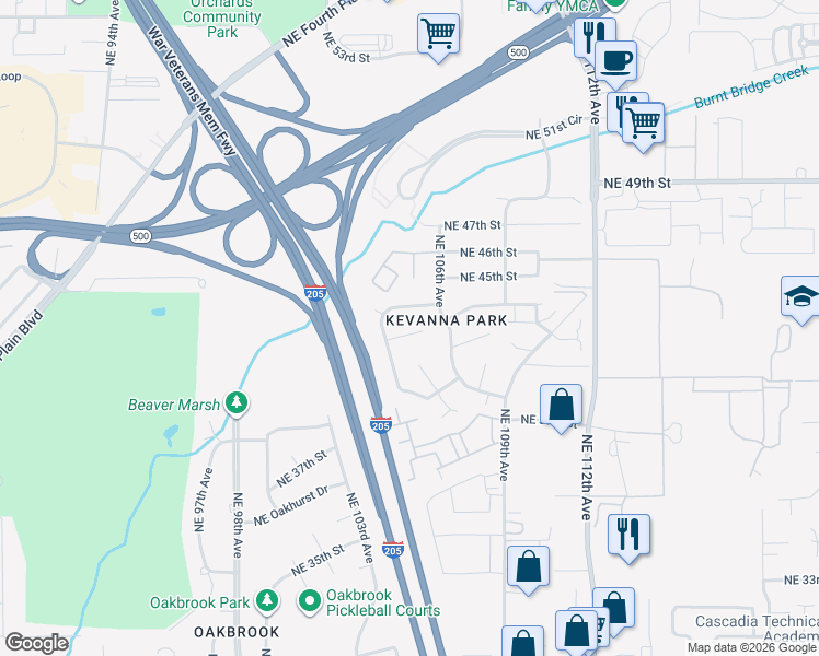 map of restaurants, bars, coffee shops, grocery stores, and more near 4124 Northeast Burtonwood Court in Vancouver
