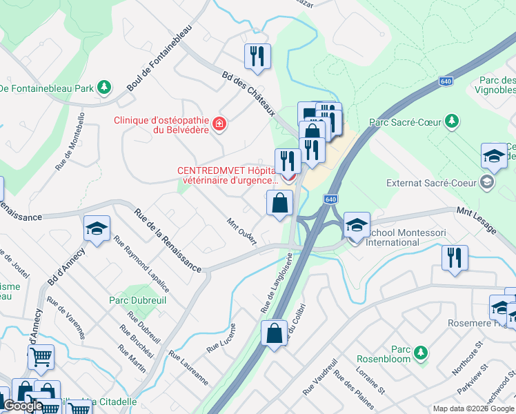 map of restaurants, bars, coffee shops, grocery stores, and more near 1 Rue Maurice-Lecompte in Blainville