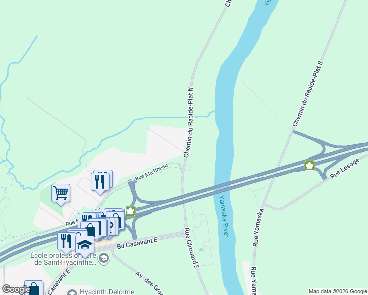 map of restaurants, bars, coffee shops, grocery stores, and more near 5006 Avenue Joseph-Bistodeau in Saint-Hyacinthe