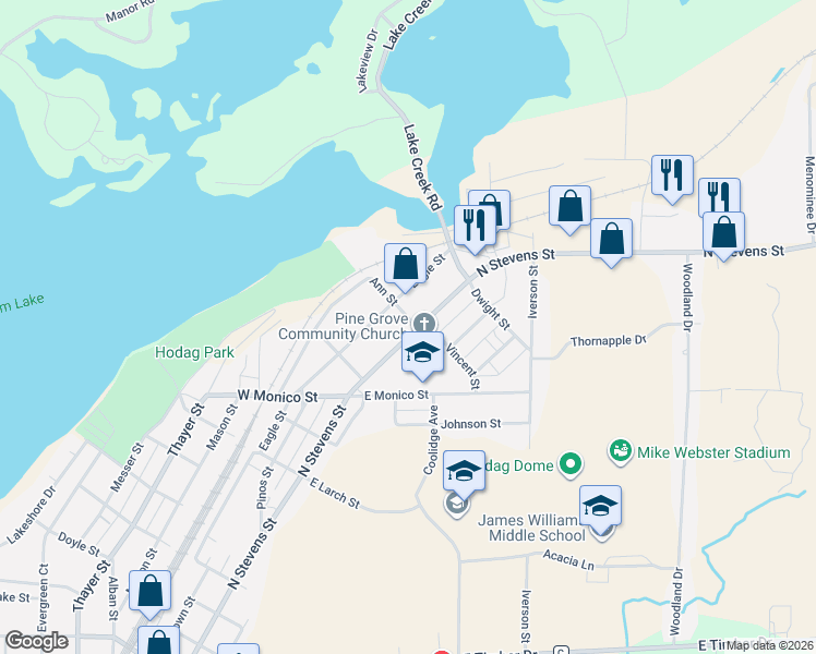 map of restaurants, bars, coffee shops, grocery stores, and more near 1404 Eagle Street in Rhinelander