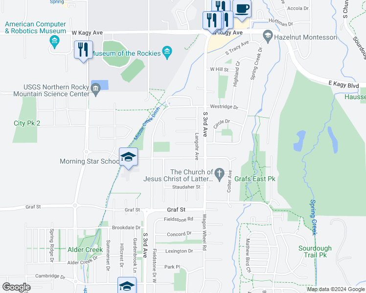 map of restaurants, bars, coffee shops, grocery stores, and more near 424 West Spring Creek Drive in Bozeman