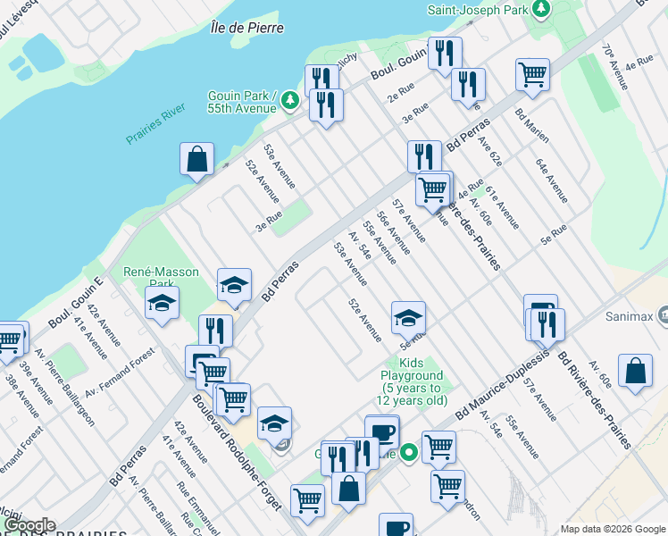 map of restaurants, bars, coffee shops, grocery stores, and more near 12556 Croissant Alice-Guy in Montréal