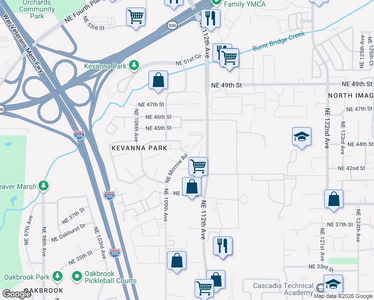 map of restaurants, bars, coffee shops, grocery stores, and more near 4404 Northeast Morrow Road in Vancouver