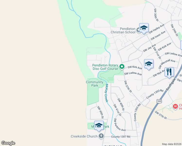 map of restaurants, bars, coffee shops, grocery stores, and more near 4307 Southwest Kirk Avenue in Pendleton