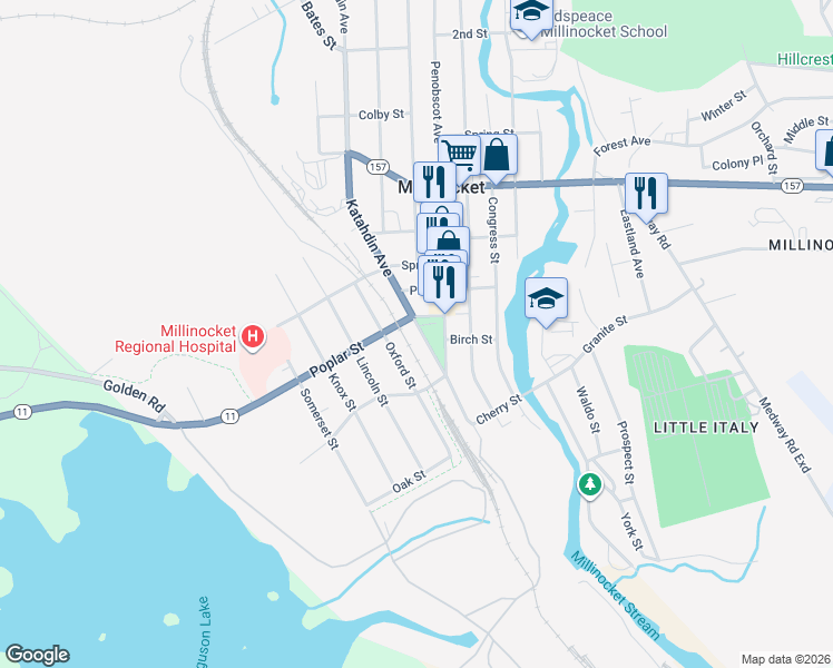 map of restaurants, bars, coffee shops, grocery stores, and more near 124 Katahdin Avenue in Millinocket