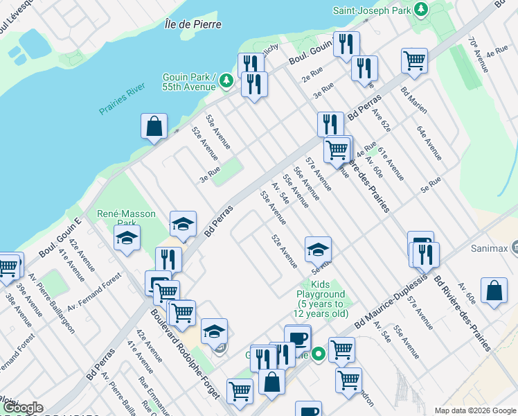 map of restaurants, bars, coffee shops, grocery stores, and more near 12550 Croissant Alice-Guy in Montréal