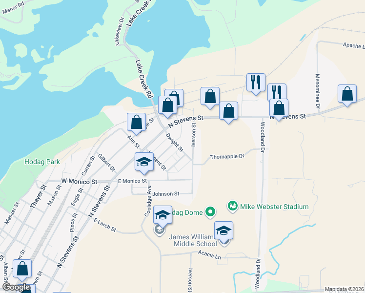 map of restaurants, bars, coffee shops, grocery stores, and more near 1415 Iverson Street in Rhinelander