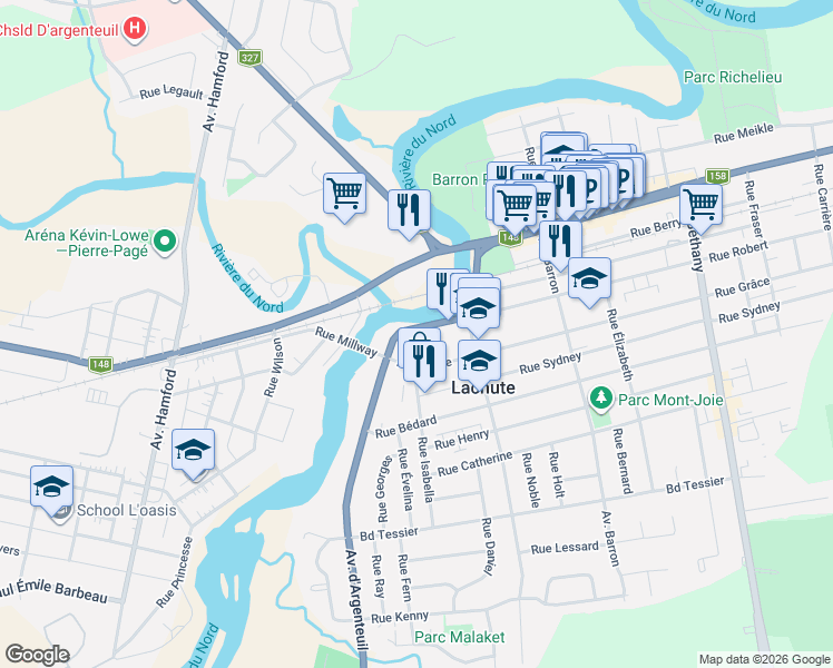 map of restaurants, bars, coffee shops, grocery stores, and more near Avenue d'Argenteuil in Lachute