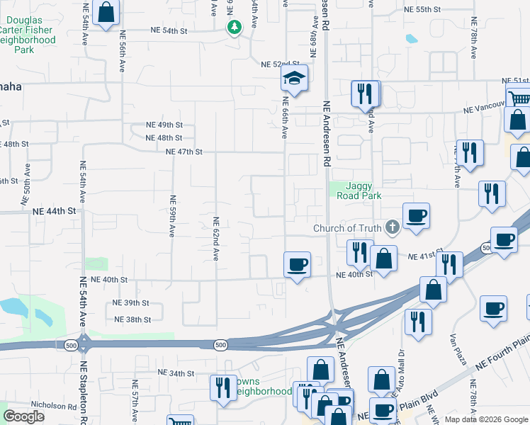 map of restaurants, bars, coffee shops, grocery stores, and more near 6414 Northeast 43rd Street in Vancouver