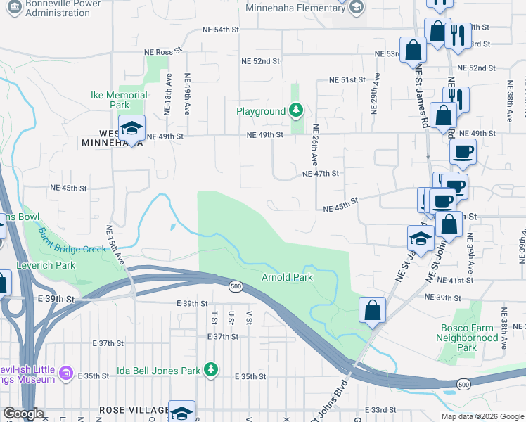 map of restaurants, bars, coffee shops, grocery stores, and more near 2309 Northeast 45th Circle in Vancouver